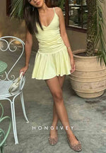 Butter Yellow Ruched Plunging Spaghetti Strap A-Line Mini Homecoming Dress