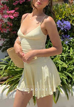 Butter Yellow Ruched Plunging Spaghetti Strap A-Line Mini Homecoming Dress