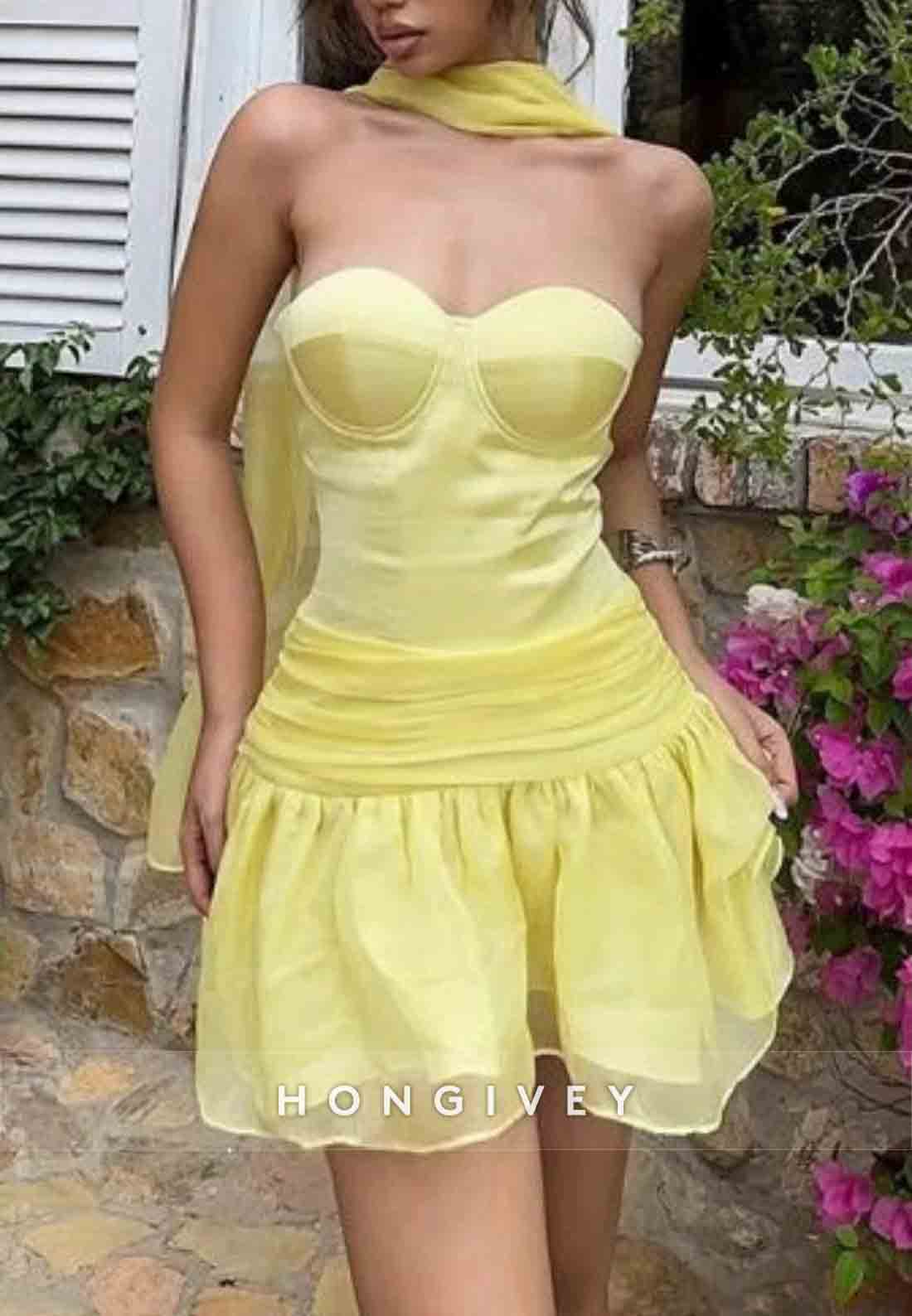 Halter Butter Yellow Strapless Organza Homecoming Dress with Scarf Structured Cups