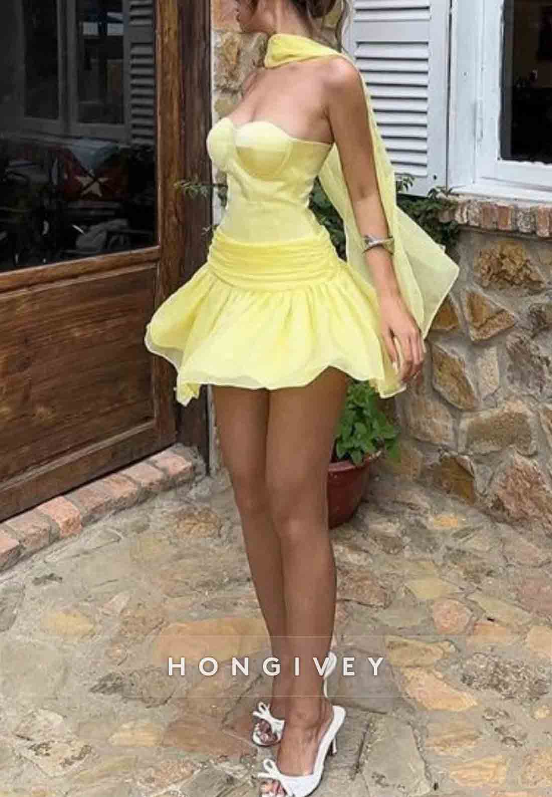 Halter Butter Yellow Strapless Organza Homecoming Dress with Scarf Structured Cups