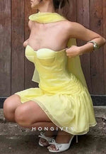 Halter Butter Yellow Strapless Organza Homecoming Dress with Scarf Structured Cups