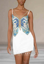 Butterfly Beaded Strappy Spaghetti Straps Sheath Tie Back Mini Homecoming Dress