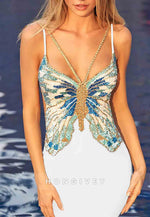 Butterfly Beaded Strappy Spaghetti Straps Sheath Tie Back Mini Homecoming Dress