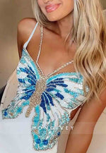 Butterfly Beaded Strappy Spaghetti Straps Sheath Tie Back Mini Homecoming Dress