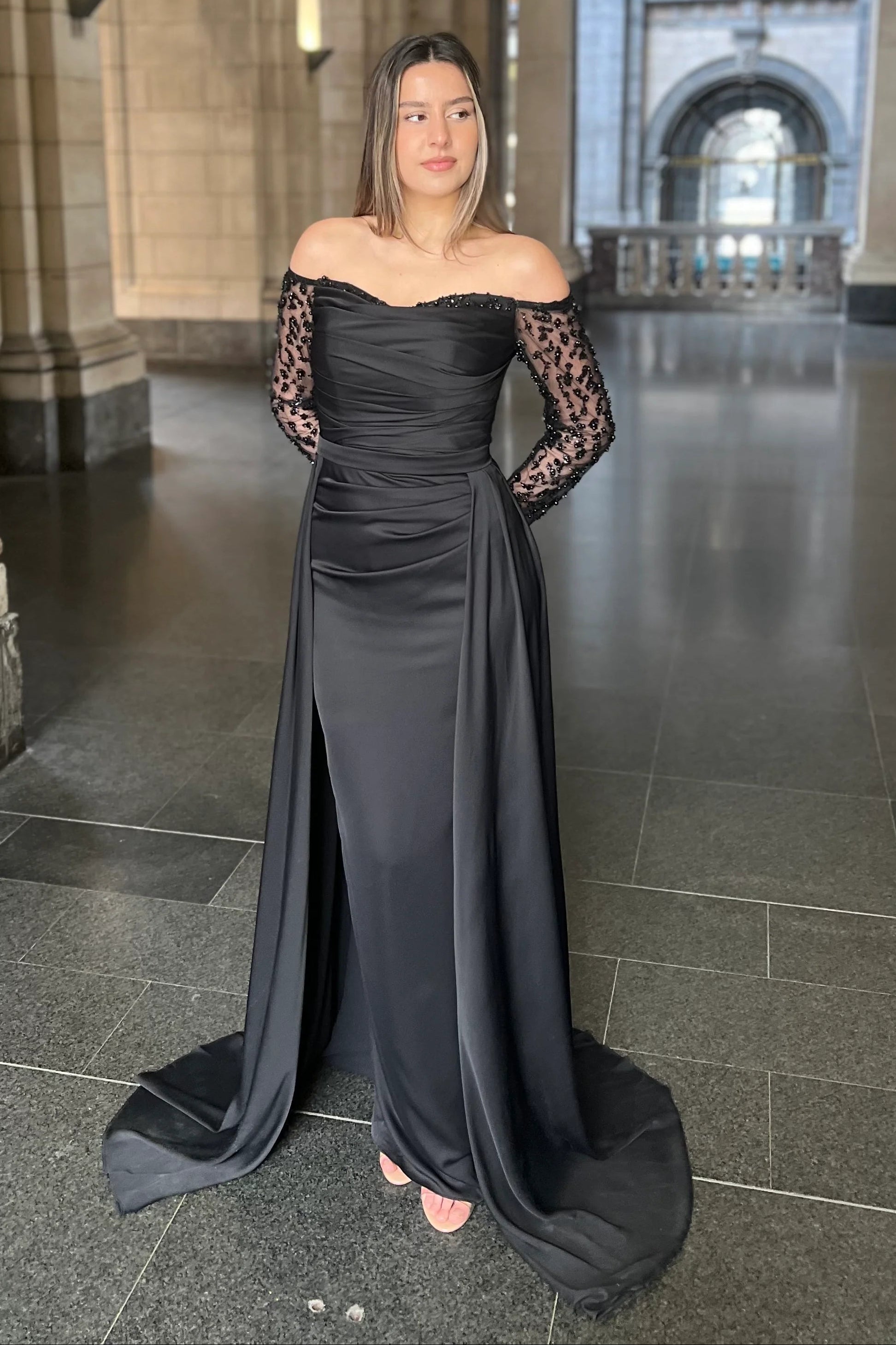 Black Off the Shoulder Lace Sleeve Beaded Mermiad Court Train Floor-length Evening Dress