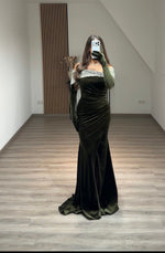 Black Long Sleeve Velvet Trumpet Pleated Floor-Length Evening Gowns