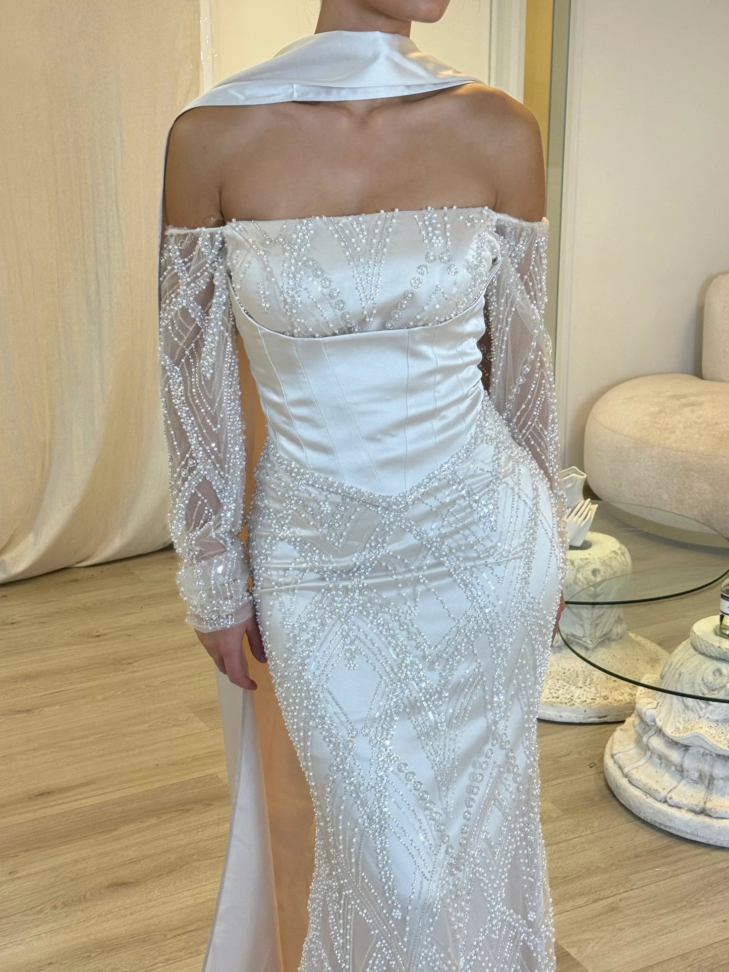 Off the Shoulder Sequins Lace Long Sleeve Mermaid Shawl Floor-Length Evening Dress