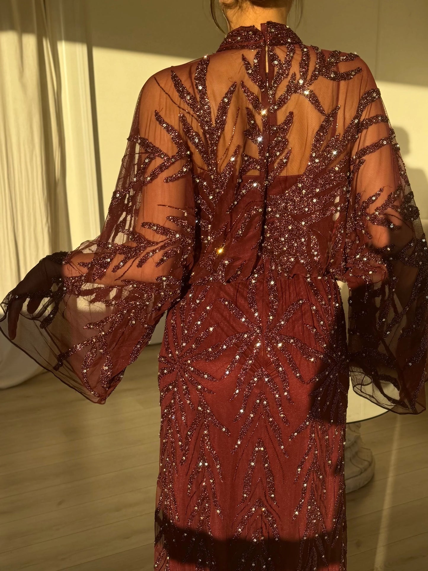 High Neck Sequins Lace Long Sleeve A-Line Floraml Women Evening Dress