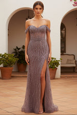 Sheer Off the Shoulder Long Sequin Prom Dress
