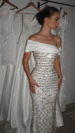 Beaded Sparkle Sequins Off the Shoulder Sleeveless Mermaid Evening Dress