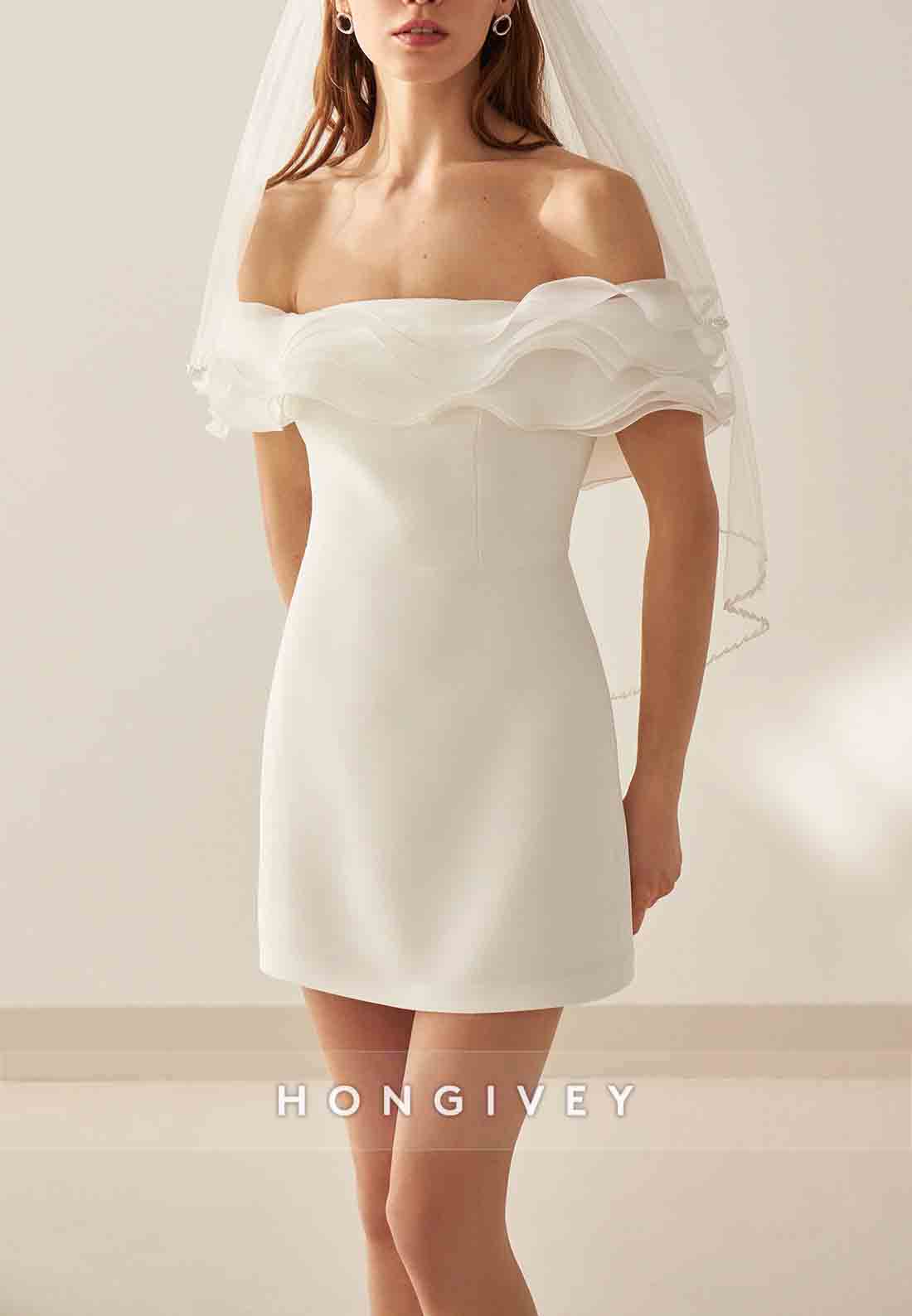Simple Off the Shoulder Sheath Pleated Mini Wedding Dresses