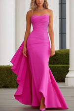 Party Strapless Mermaid Dress Fuchsia Tube Top Pleated Maxi Dress