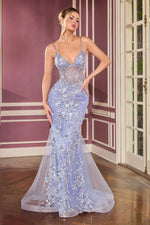 Spaghetti Straps Applique Flowers Sleeveless Mermiad Florr-Length Prom Dress