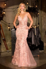 Spaghetti Straps Applique Flowers Sleeveless Mermiad Florr-Length Prom Dress