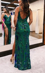 L2671 - V-Neck Spaghetti Straps Sequined Appliques With Side Slit Party Prom Evening Dress