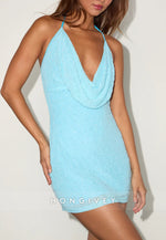 Gorgeous Light Blue Sheath Beaded Cowl Halter Mini Homecoming Dress