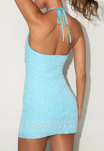 Gorgeous Light Blue Sheath Beaded Cowl Halter Mini Homecoming Dress