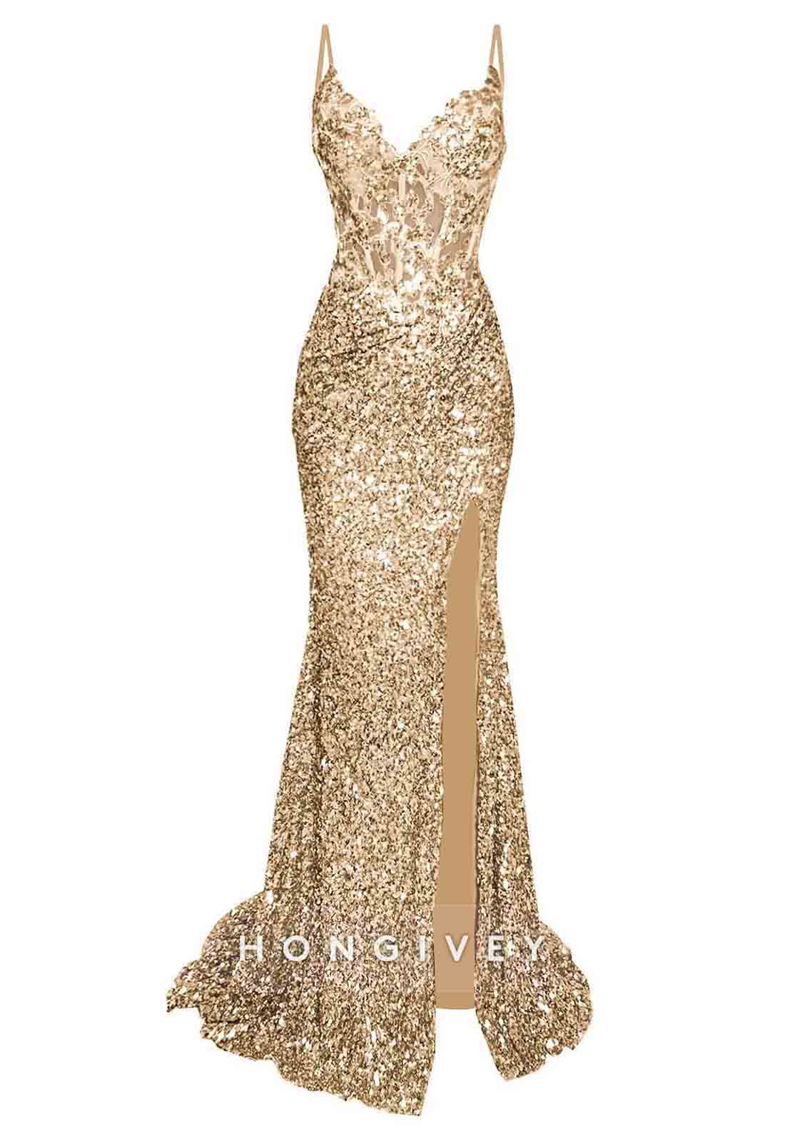 Sparkly Sequin V Neck Spaghtti Straps Side Slit Mermaid Long Prom Dresses