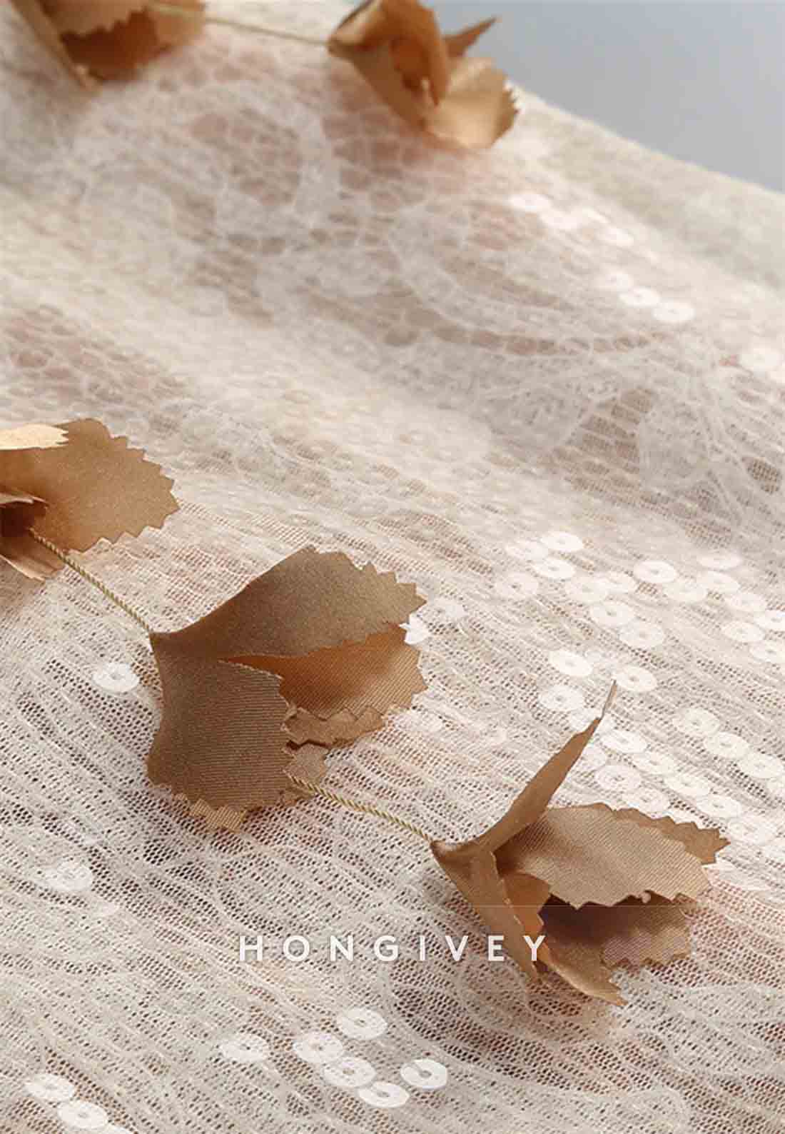 Champagne Spaghetti Straps Sheath 3D Floral Sequin Long Prom Dress with Slit