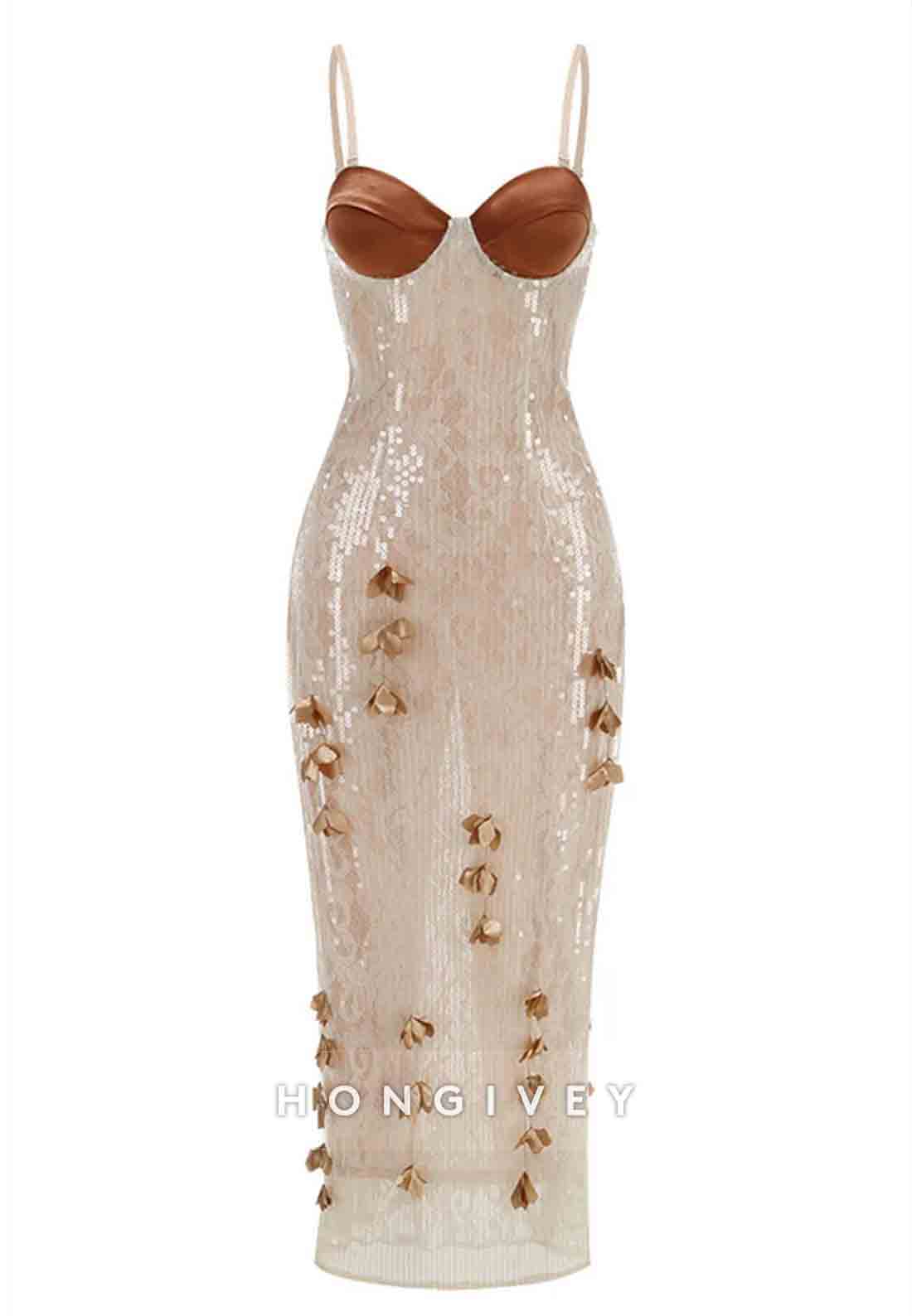 Champagne Spaghetti Straps Sheath 3D Floral Sequin Long Prom Dress with Slit