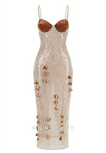 Champagne Spaghetti Straps Sheath 3D Floral Sequin Long Prom Dress with Slit