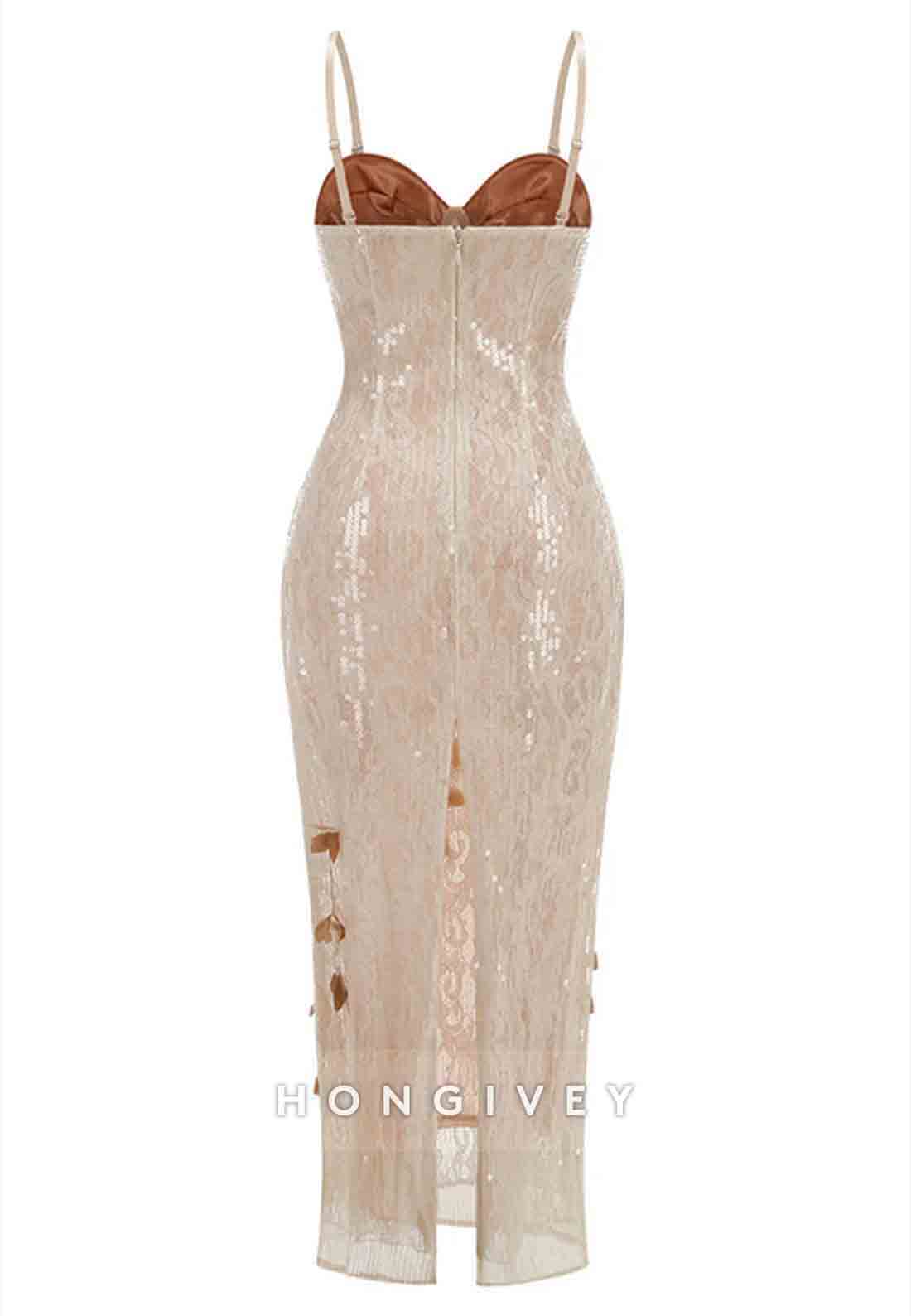 Champagne Spaghetti Straps Sheath 3D Floral Sequin Long Prom Dress with Slit