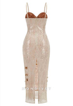 Champagne Spaghetti Straps Sheath 3D Floral Sequin Long Prom Dress with Slit