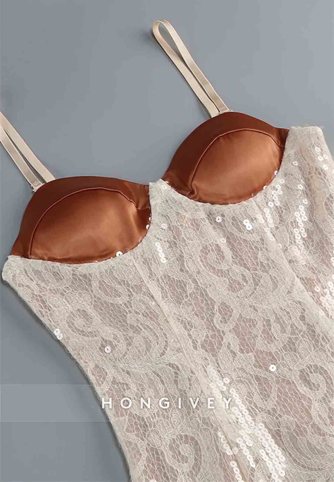 Champagne Spaghetti Straps Sheath 3D Floral Sequin Long Prom Dress with Slit