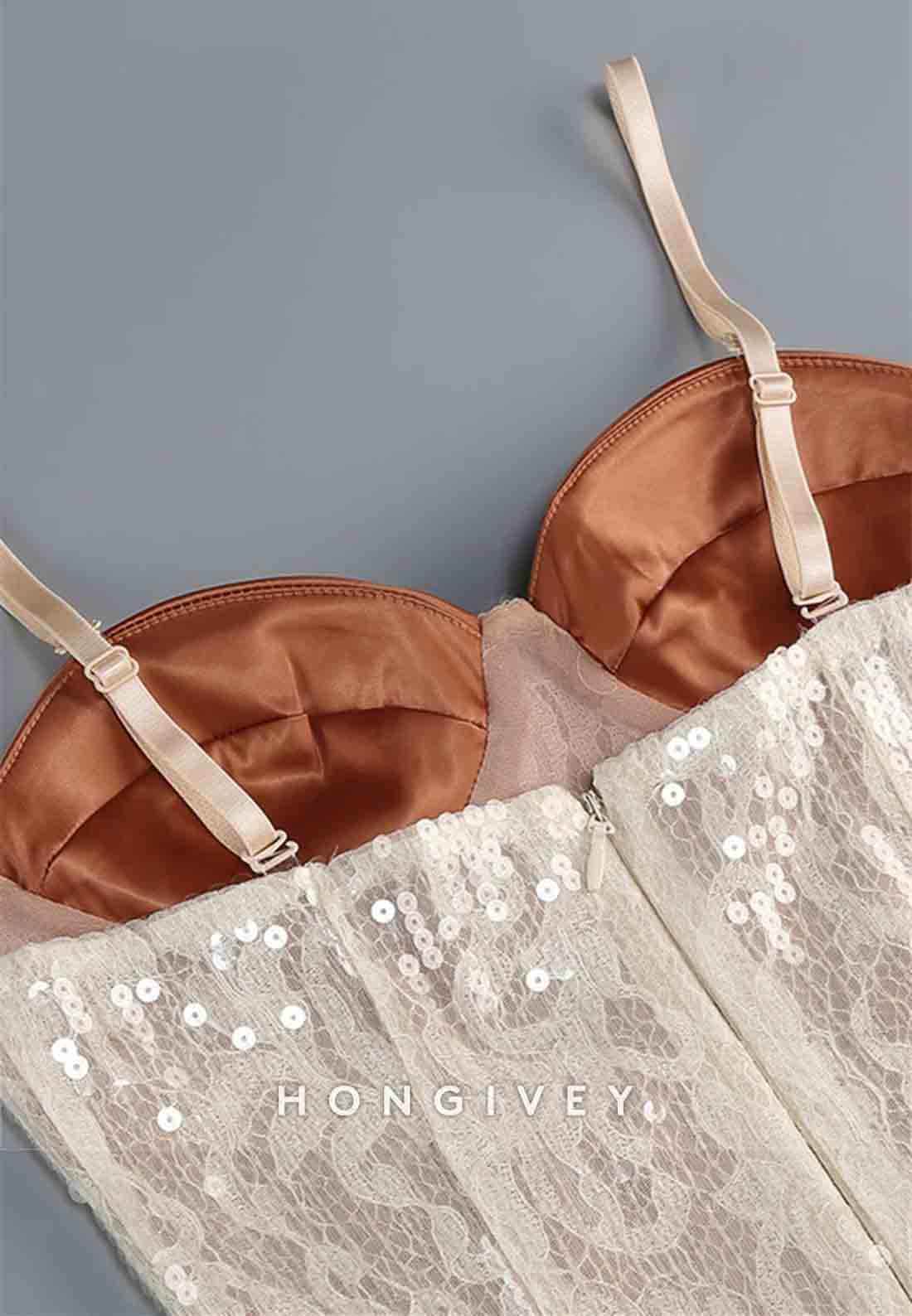 Champagne Spaghetti Straps Sheath 3D Floral Sequin Long Prom Dress with Slit