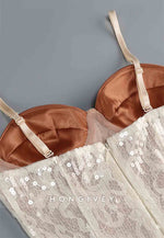 Champagne Spaghetti Straps Sheath 3D Floral Sequin Long Prom Dress with Slit