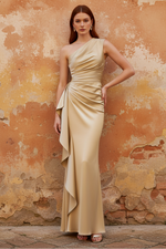 Champagne Ruffled Ruched One Shoulder Sleeveless A-Line Evening Dress
