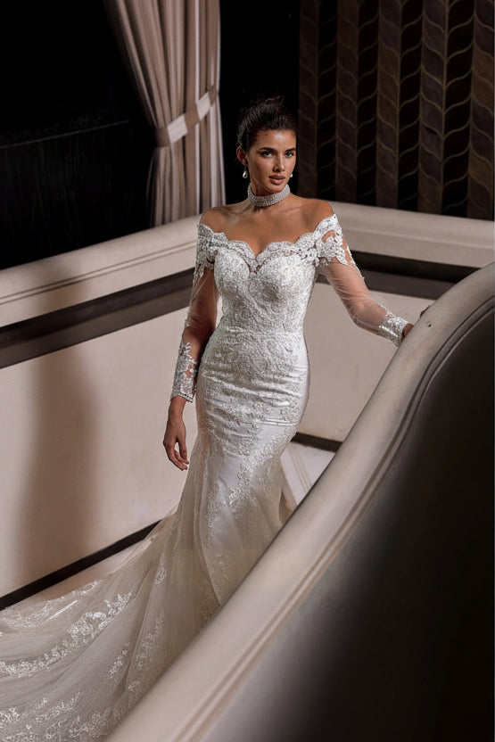 Charming Long White Mermaid Off-the-shoulder Lace Wedding Dress with Long Sleeves