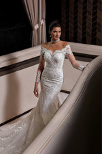 Charming Long White Mermaid Off-the-shoulder Lace Wedding Dress with Long Sleeves