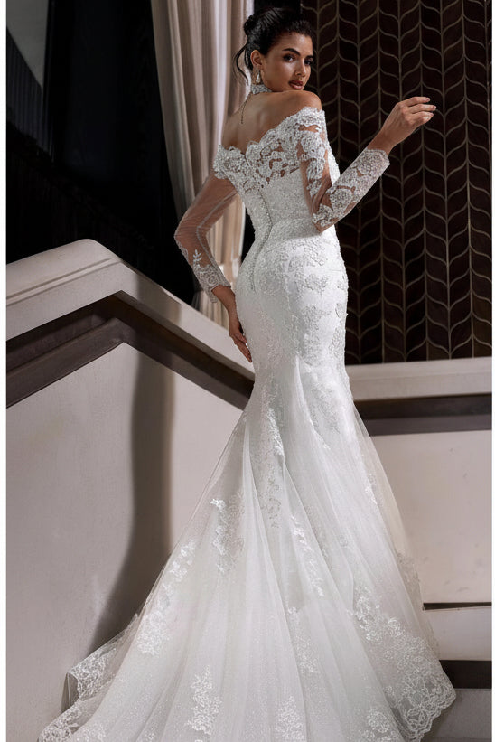 Charming Long White Mermaid Off-the-shoulder Lace Wedding Dress with Long Sleeves