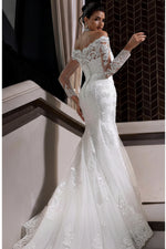 Charming Long White Mermaid Off-the-shoulder Lace Wedding Dress with Long Sleeves