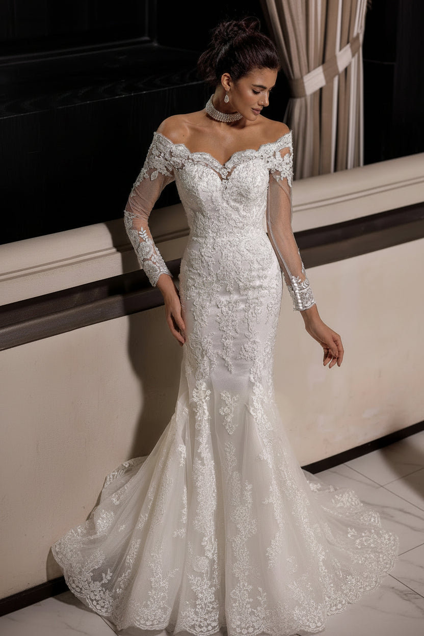 Charming Long White Mermaid Off-the-shoulder Lace Wedding Dress with Long Sleeves