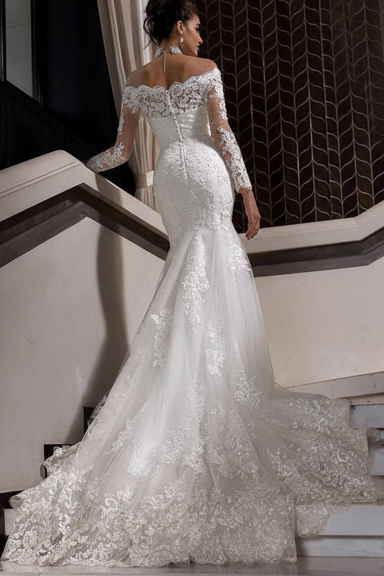 Charming Long White Mermaid Off-the-shoulder Lace Wedding Dress with Long Sleeves