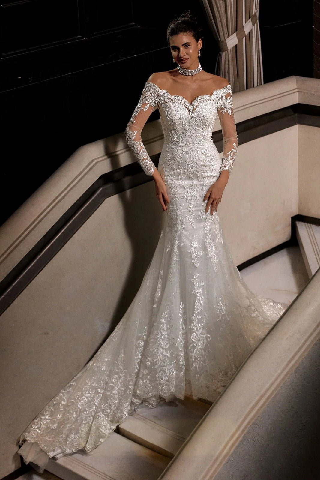 Charming Long White Mermaid Off-the-shoulder Lace Wedding Dress with Long Sleeves
