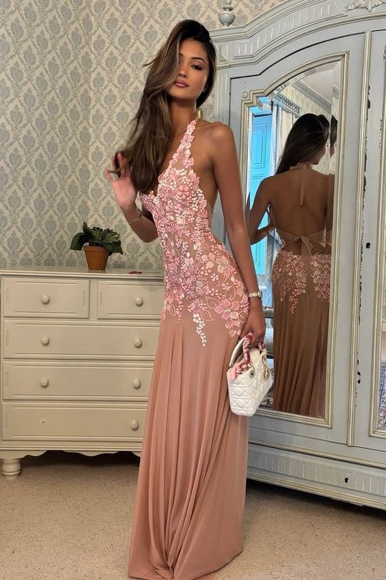 Charming A Line Halter Neck Pink Long Prom Dress with Appliques