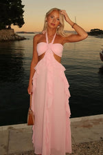 Charming A Line Halter Neck Pink Long Prom Dress with Ruffles