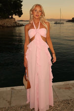 Charming A Line Halter Neck Pink Long Prom Dress with Ruffles