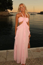 Charming A Line Halter Neck Pink Long Prom Dress with Ruffles