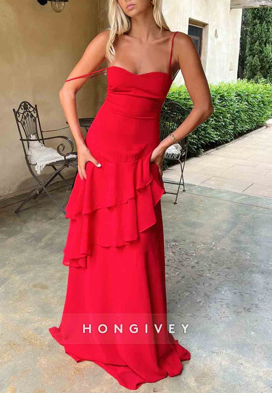 Charming Spaghetti Straps Tie Back A-Line Red Long Prom Dress with Ruffles