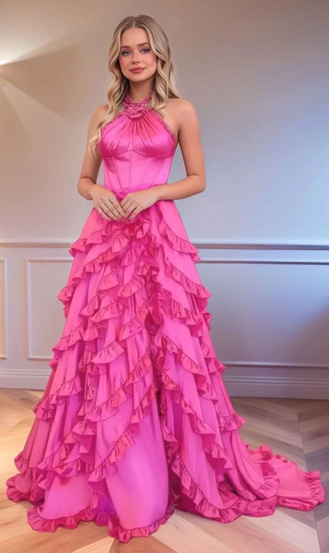 Halter Pink Sleeveless A-Line Tassel Ruched Floor-Length Prom Dress
