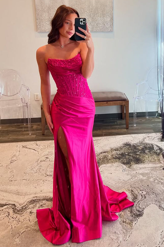 Charming Mermaid Fuchsia Strapless Lace Top Satin Prom Dress with Leg Slit