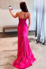 Charming Mermaid Fuchsia Strapless Lace Top Satin Prom Dress with Leg Slit