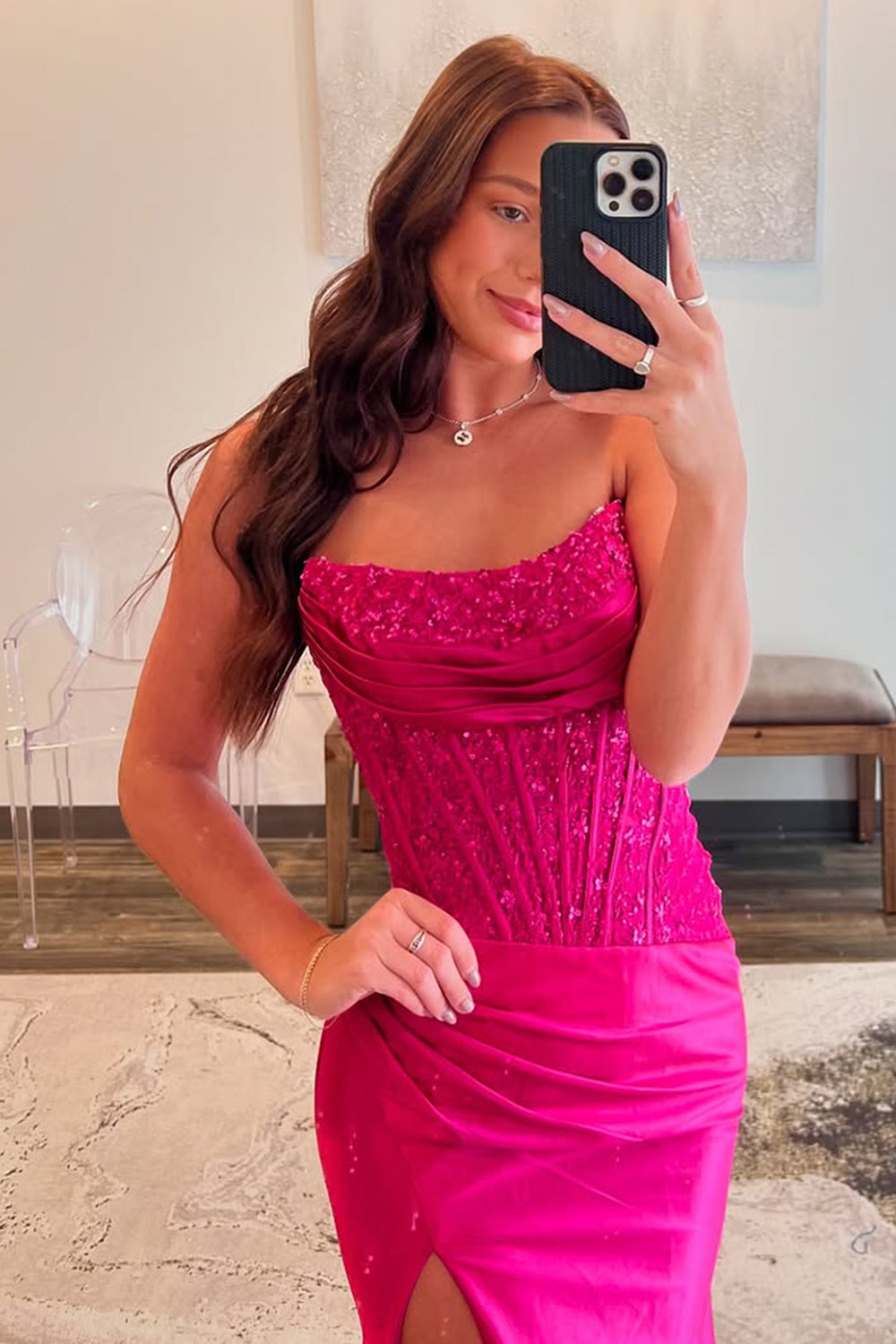 Charming Mermaid Fuchsia Strapless Lace Top Satin Prom Dress with Leg Slit