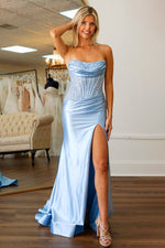 Charming Mermaid Fuchsia Strapless Lace Top Satin Prom Dress with Leg Slit