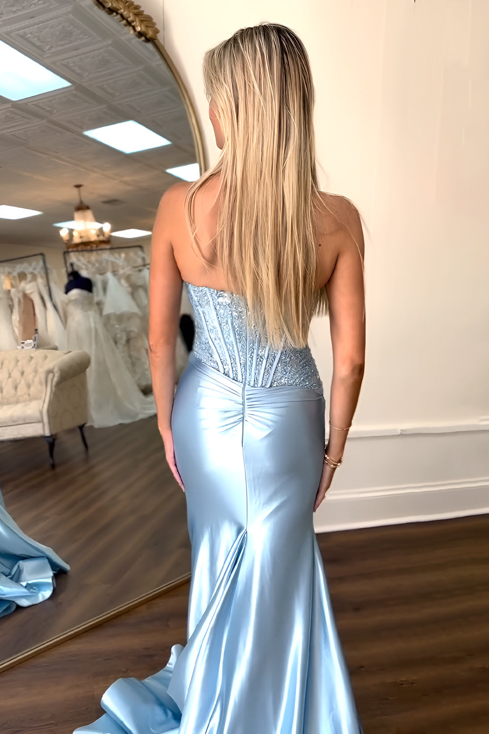 Charming Mermaid Fuchsia Strapless Lace Top Satin Prom Dress with Leg Slit