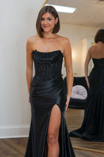 Charming Mermaid Fuchsia Strapless Lace Top Satin Prom Dress with Leg Slit